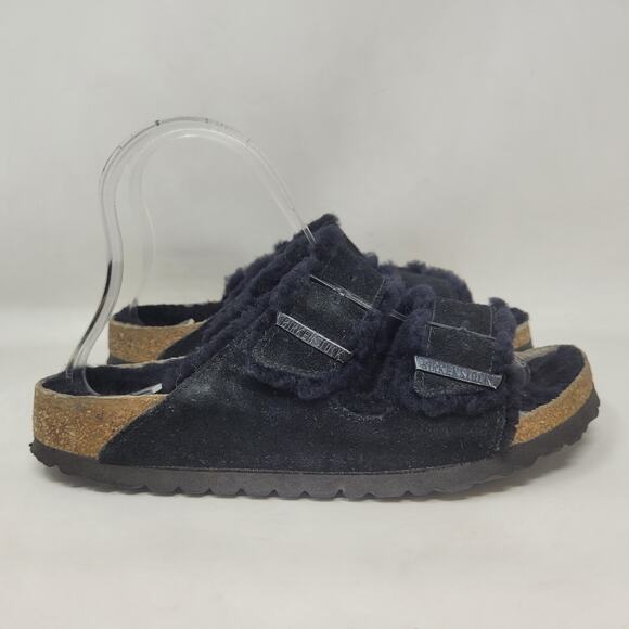 Birkenstock Arizona Sandals Women EU38 US7 Black Shearling Suede Slip On Comfort - Picture 2 of 9